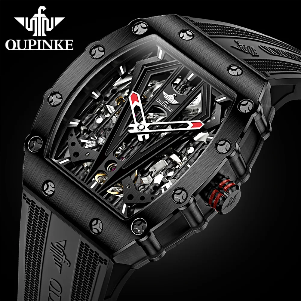 

OUPINKE Silicone tonneau Mens Watches Automatic Mechanical Wristwatch Sapphire Glass Waterproof Sports Black Watch Montre homme