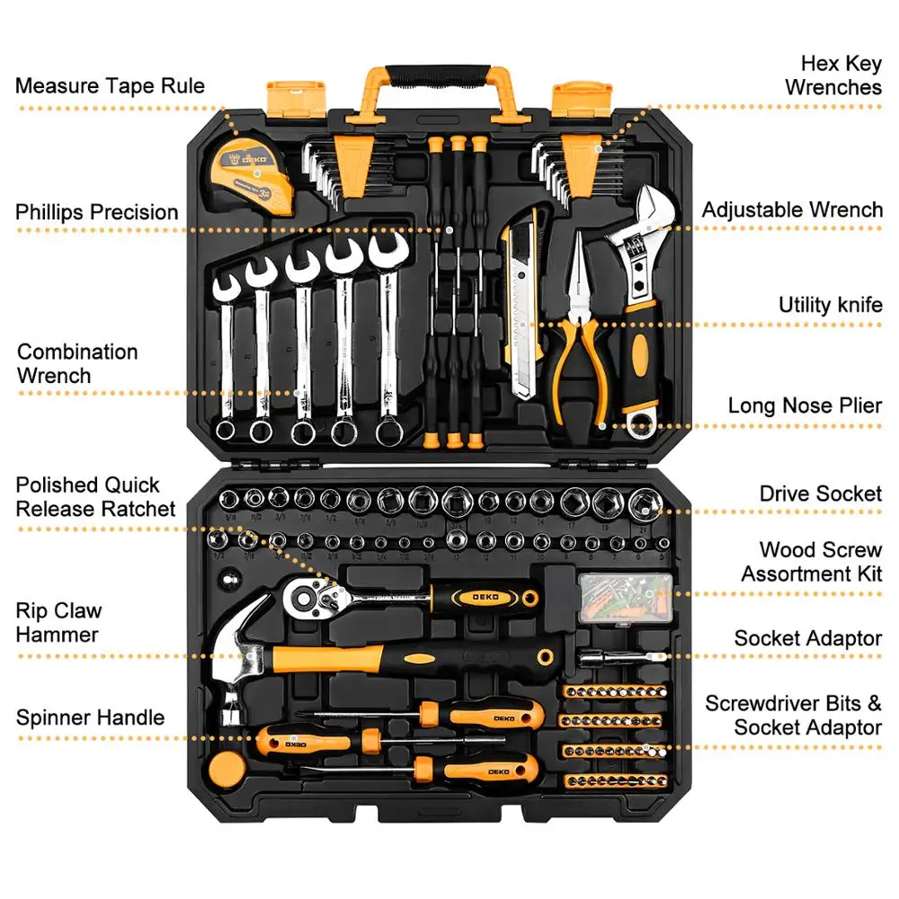 DEKO-Professional Car Repair Tool Set, Auto Ratchet, chave inglesa, chave de fenda, Kit de Mecânica Soquete, W Blow-Molding Box, 158 Pcs