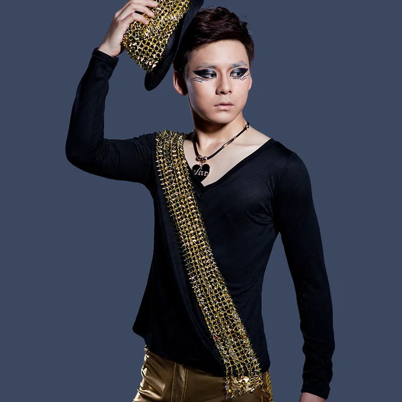 

Hip Hop Jazz Dance Costumes for Men Gold Sequins Black Top Nightclub Singer Stage Wear Modern Dance Clothing Rave Outfits XS1721