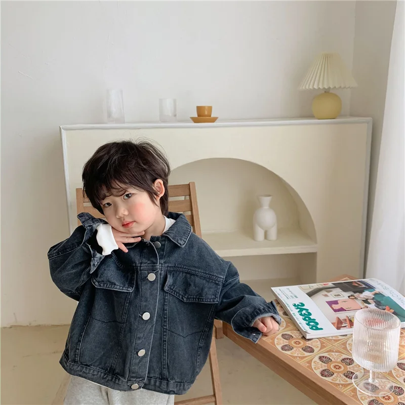 Spring Fall Boys and girls Casual All-match Denim Jackets 2-6 Years Kids Turn-down Collar Long Sleeve Coat Children Loose Tops