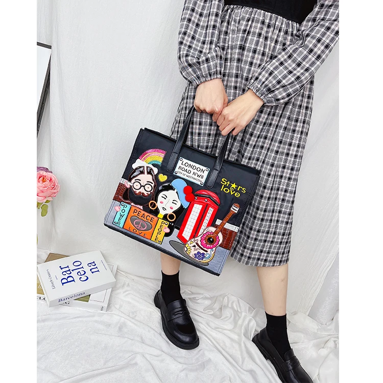 Cartoon Pattern Embroidery Nylon Shoulder Bag for Women Fashion Female Purses and Handbags Shopping Bags Ladies Designer Totes