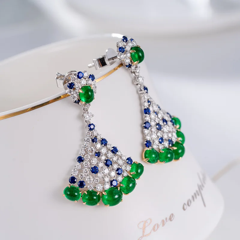 High Quality Silver Color Imitated Emerald Earring Classic Fan-shaped Temperament Earring Women\'s Valentine Luxury Brand Jewelry