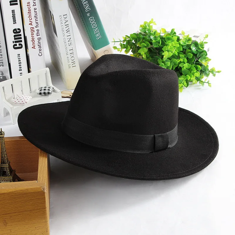 Classic Unisex Wide Brim Fedora Hat with Black Hatband Women Men Gentleman Felt Panama Hats