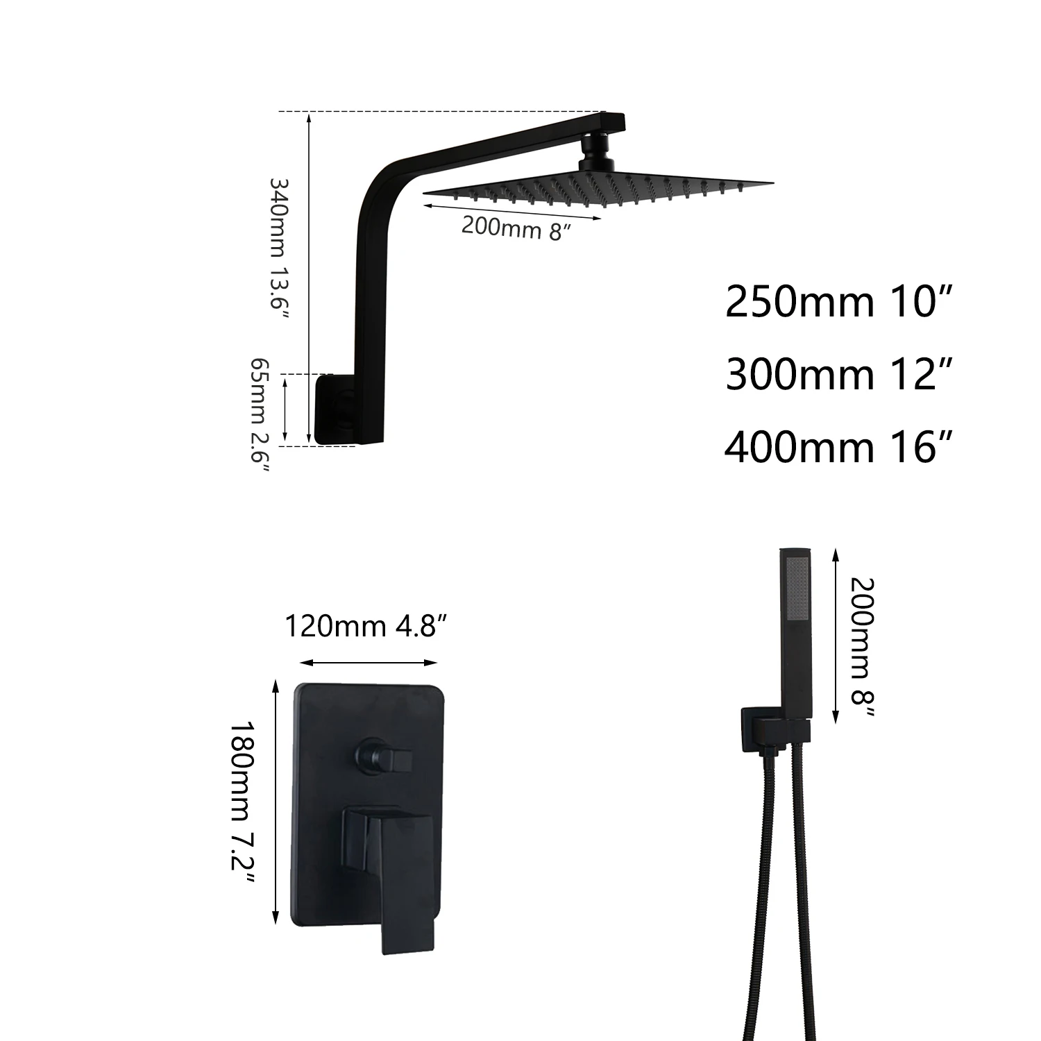 OUBONI 8/16 Inch Matte Black Bathroom Rainfall Shower Set Wall Mounted Swan Ultra-thin LED Shower Head & Hand Shower Set Faucet