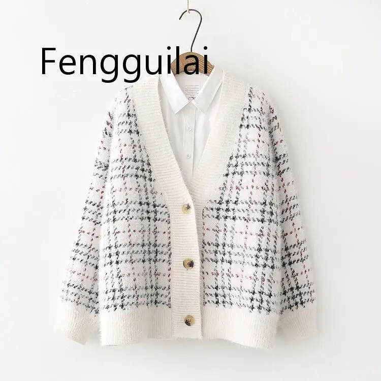 FENGGUILAI chic plaid single-breasted White Cardigan wool sweater mori girl 2020 autumn winter