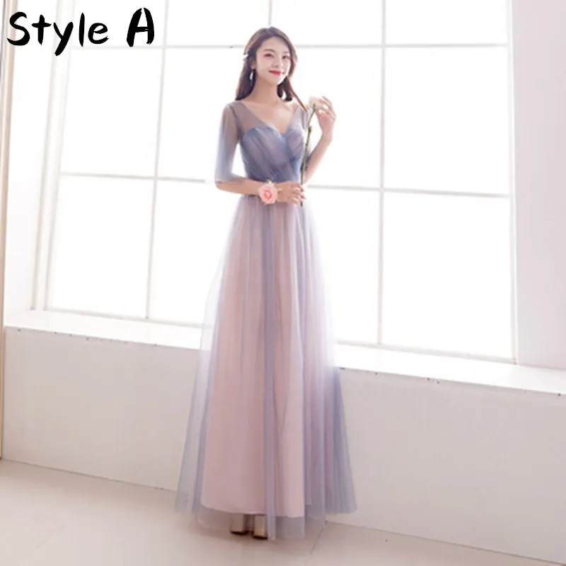 Pink Tulle Sexy V Neck Bridesmaid 2021 Fashion A-Line Long Lace Up Back Half Sleeve Formal Wedding Party Dress Real Photo