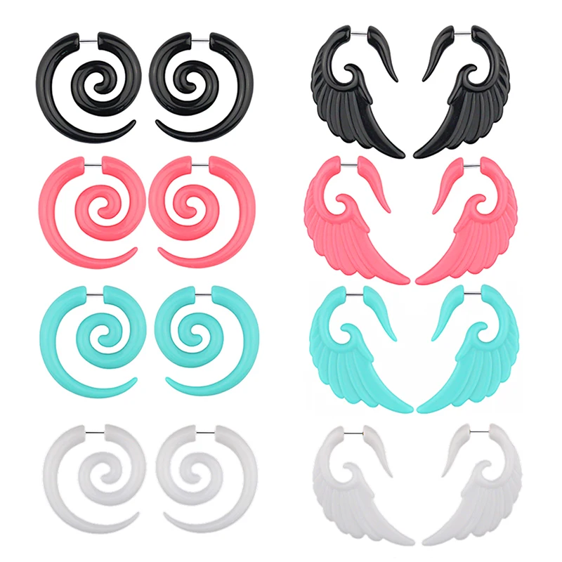 2pcs Acrylic Fake Cheater Stretcher Plugs Tunnel Faux Ear Taper Gauges Spiral Wing Stud Earrings Expander Piercing Body Jewelry