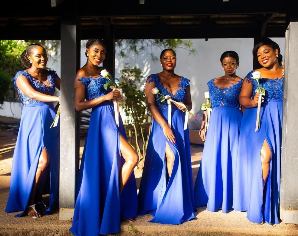 Robe de demoiselle d'honneur en dentelle bleu Royal, fente latérale, robes de demoiselle d'honneur longues en mousseline, col transparent, Robe de bal, 2019