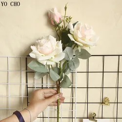 YO CHO Artificial Jasmine Snow Roses Branch Fake Silk Roses Flowers for Wedding Decoration Table Marriage Big Rose Flower Heads