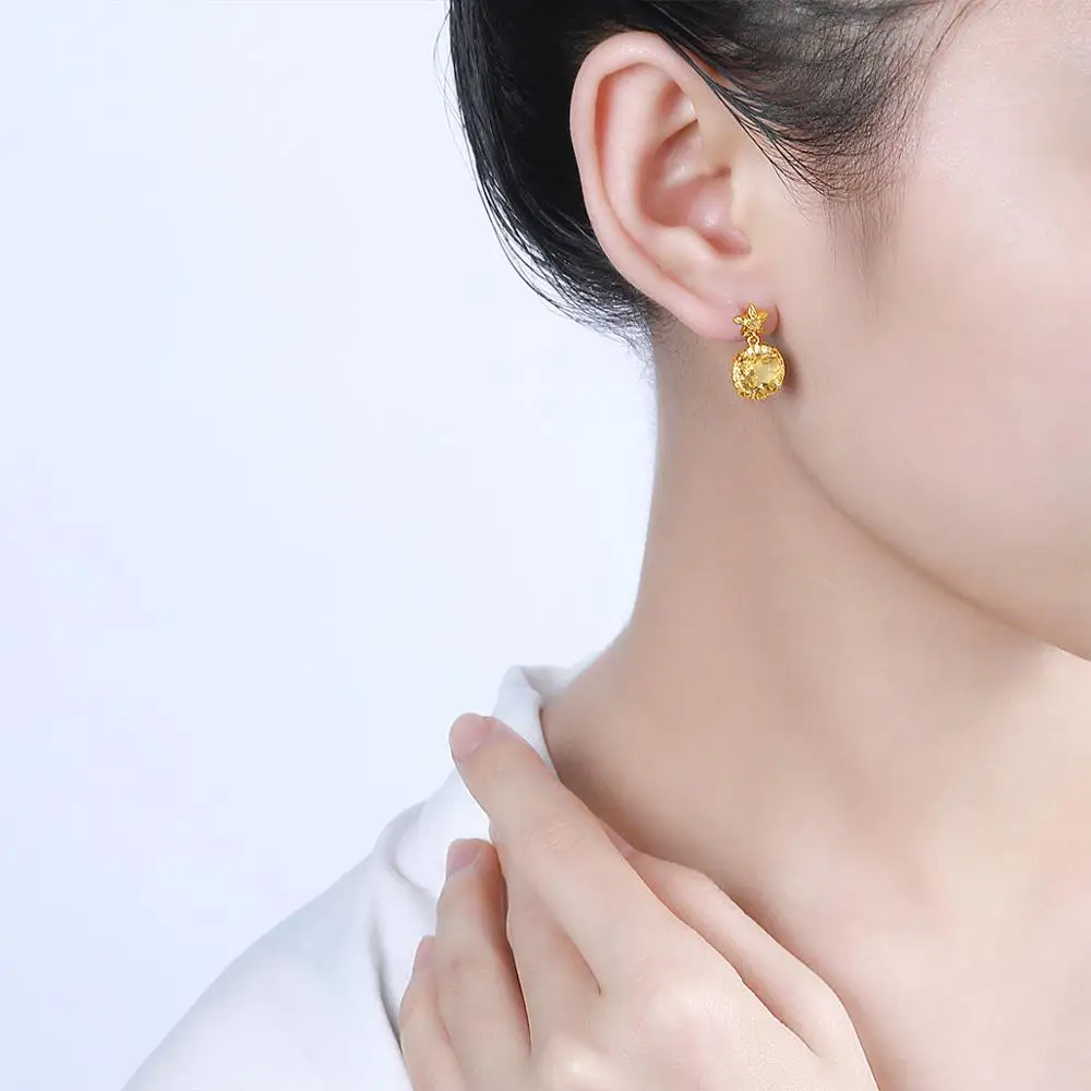 Szjinao Round 14K Gold Natural Citrine Gemstone Stud Earrings Genuine 925 Sterling Silver Fashion Jewelry for Women Pendientes