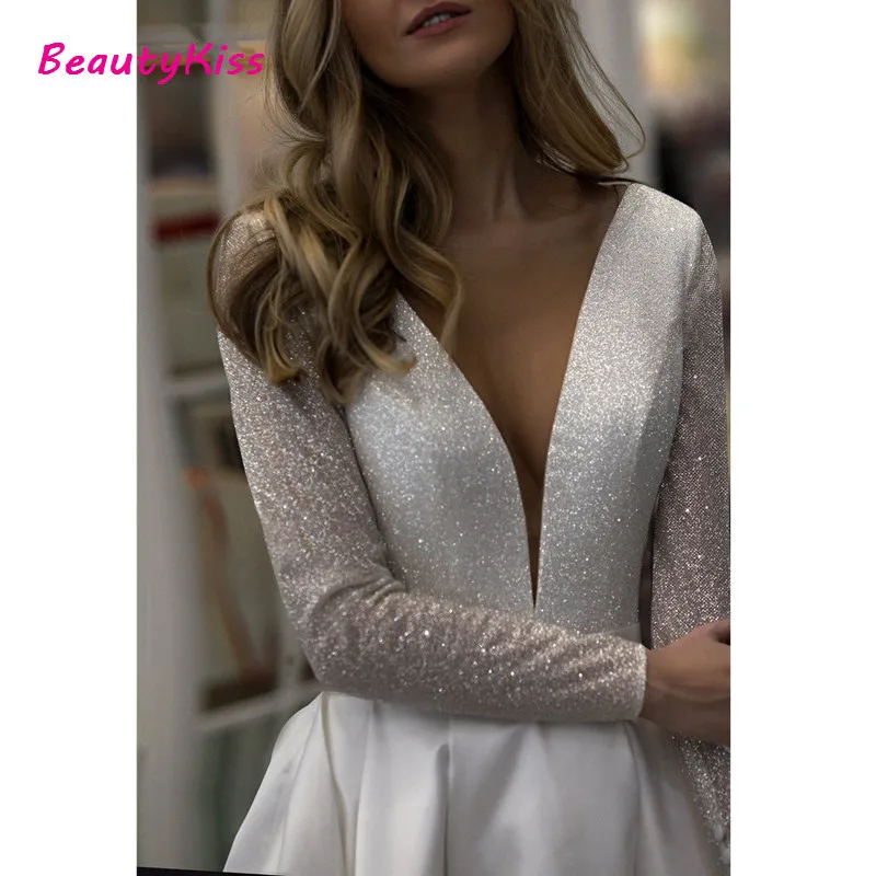 Abiti da sposa in raso scintillante per donna abiti da sposa a maniche lunghe senza schienale con scollo a v e tasca Plus Size Vestido De Noiva