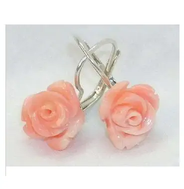 unique lady\'s hot Pink Coral Rose Flower 12mm Hook Earrings Natural stone bread Earing silver big earrings