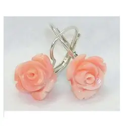 unique lady's hot Pink Coral Rose Flower 12mm Hook Earrings Natural stone bread Earing silver big earrings