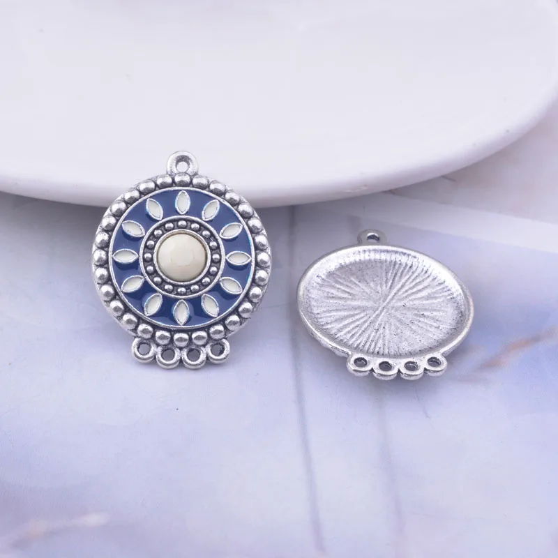 12pcs Antique Silver Color Round Enamel Connector Blue and Red  Earrings Pendant Base Connector DIY  Jewelry Connector