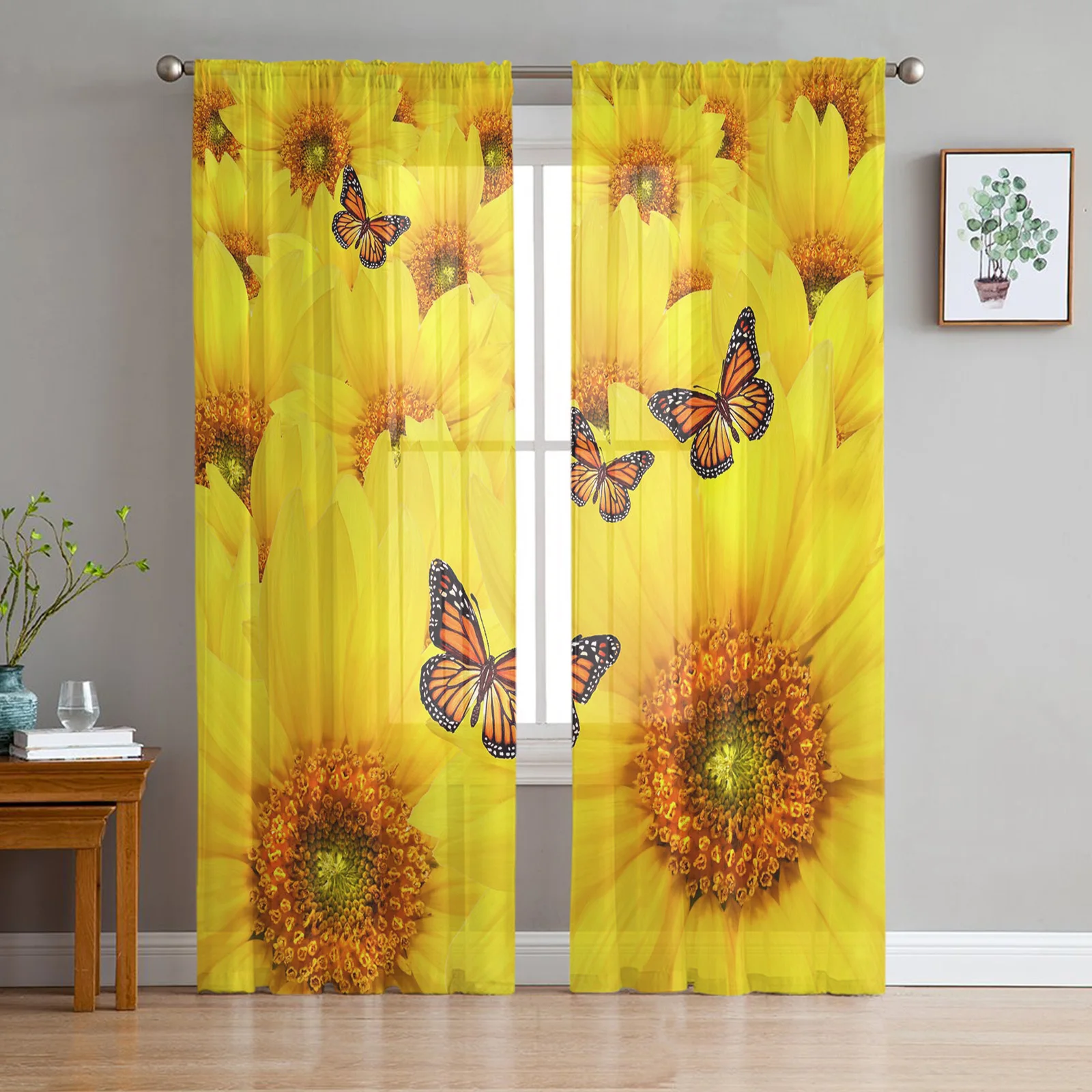 Yellow Sunflower Butterfly Plant Tulle Sheer Window Curtains for Living Room Kitchen Children Bedroom Voile Hanging Curtain