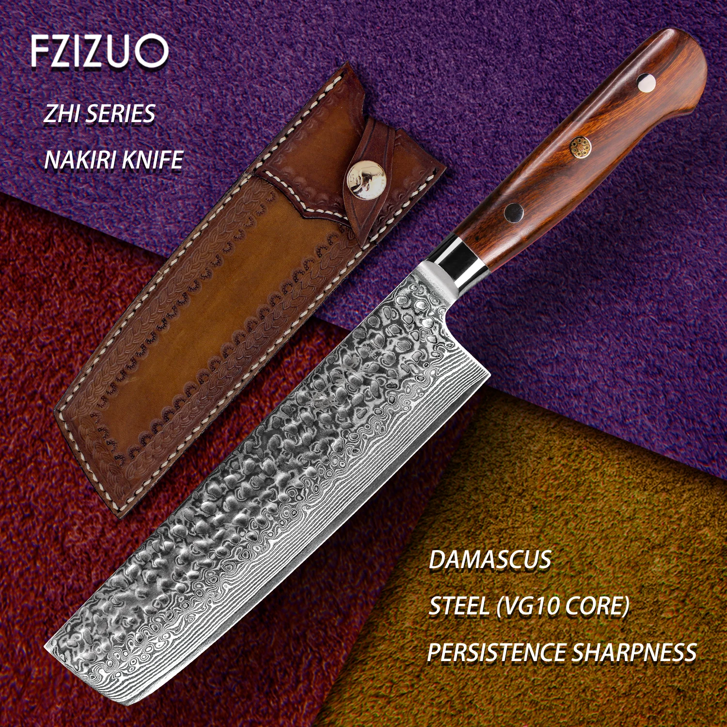 

FZIZUO 6.9"Full Tang VG10 Damascus Steel Nakiri Knife Professional Kitchen Knives Cooking Knife Desert Ironwood Wooden Handle