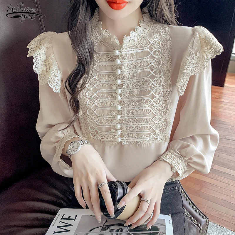 

Autumn Beading Long Sleeve Loose Chiffon Shirt Vintage Palace Style Lace Stitching Blouse Women Stand Collar Ruffles Tops 16087