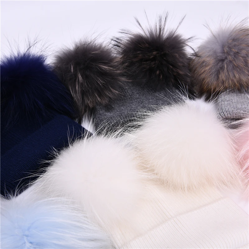 Children\'s Winter Toddler Baby Kids Cashmere Knitted Hat Beanie with 2 Double Real Fur Pom Poms Ears Hat for Boys and Girls