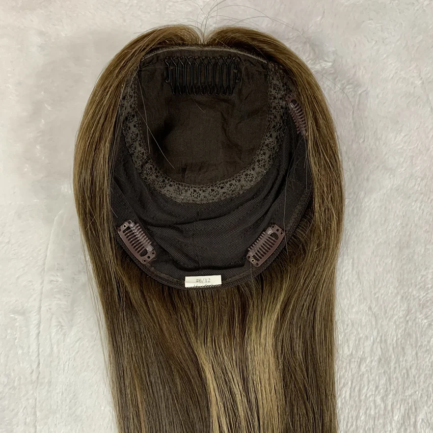 

Jewish Topper Soft Silky European Virgin Human Hair silk topper brown base with highlight Kosher Hairpiece Free Shipping