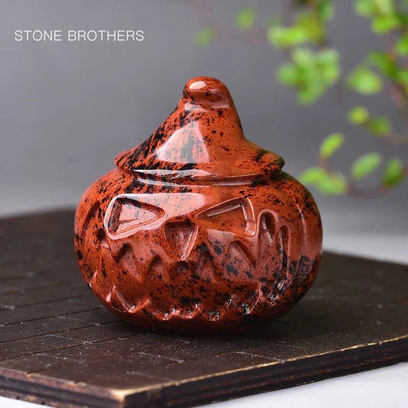 

1PC Natural Red Obsidian Carved Witch Pumpkin Figurine Healing Crystal Home Decor Fengshui Luck Halloween Gift