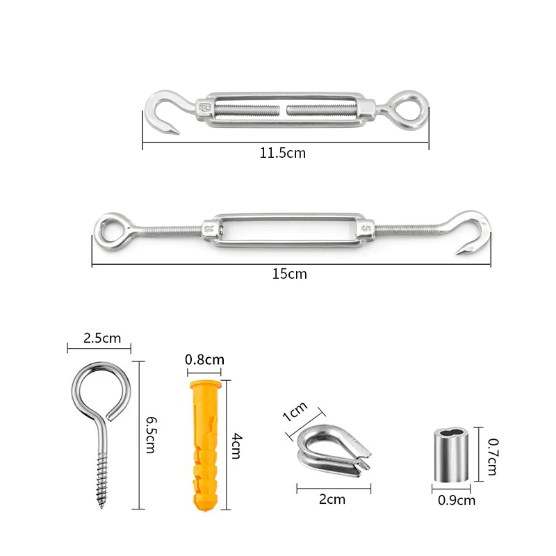 304 Stainless Steel Turnbuckle M5 Wire Rope Tension Tensioner Strainer and Eye Strap Screws Thimbles For Diameter 2mm Cable Kit