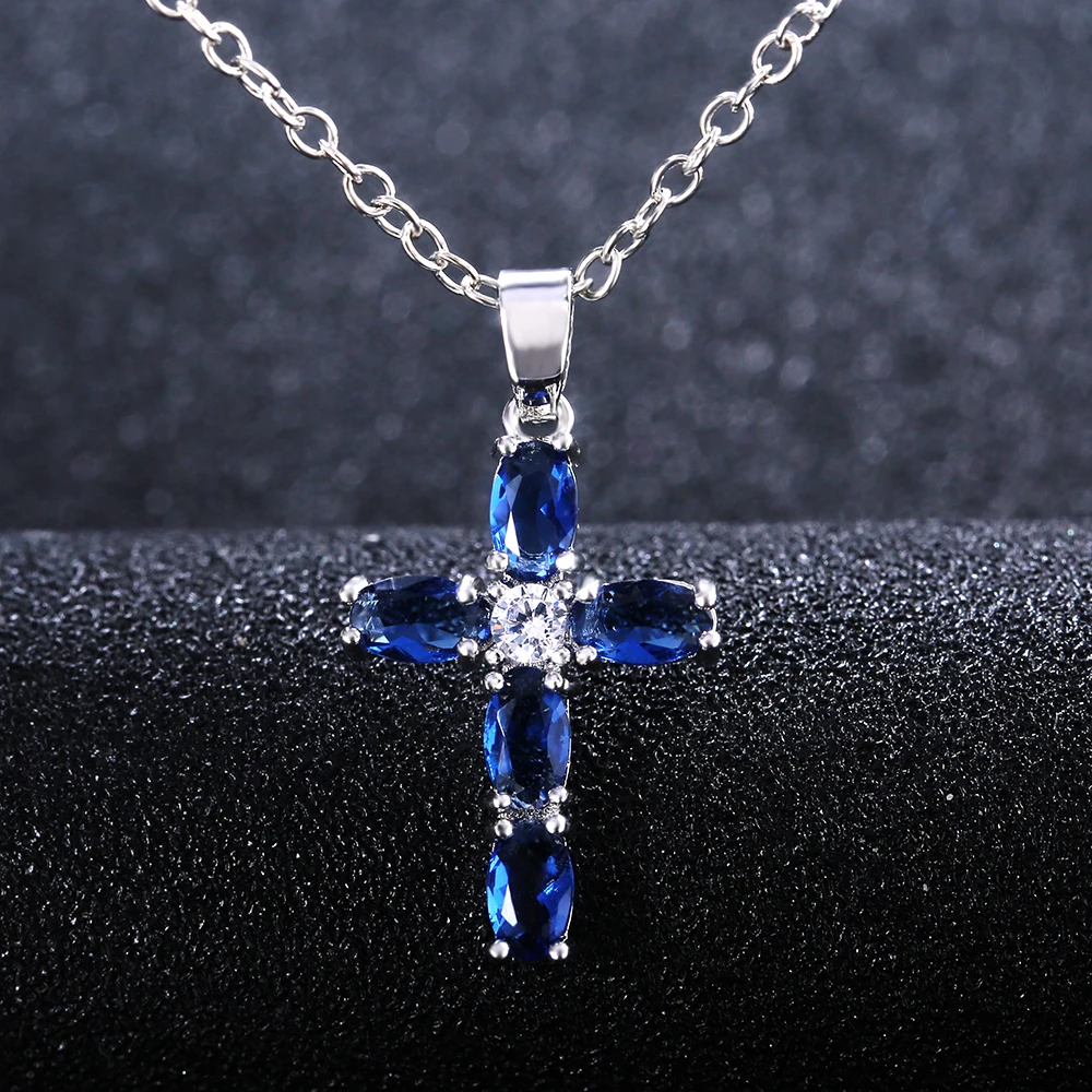 CAOSHI Gorgeous Blue Oval Cubic Zirconia Cross Pendant Necklace for Women Valentine\'s Day Gift for Girlfriend Charming Jewelry