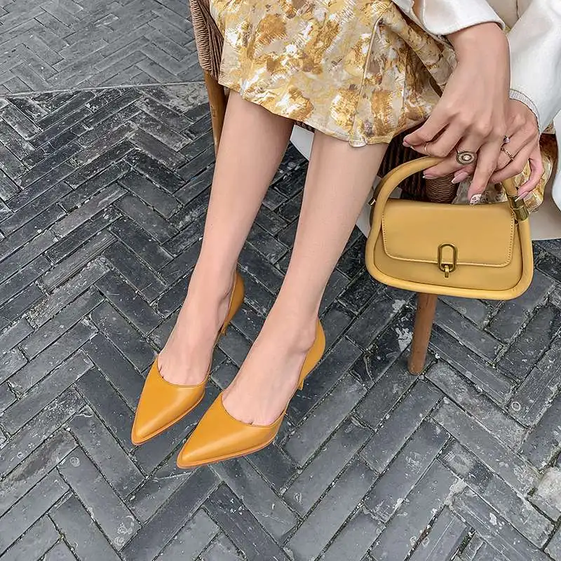 Krazing Pot 2025 Cow Leather Pointed Toe Stiletto Thin High Heels French Romantic Basic Design Chic Elegant Shallow Women Pumps