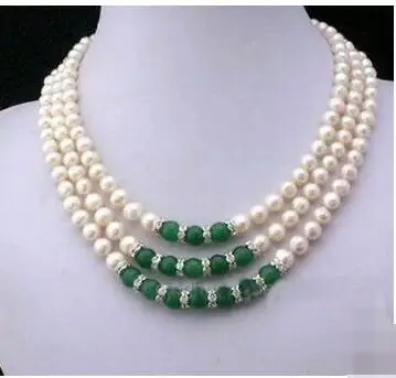 

free shipping 3 Rows 7-8MM White Akoya Pearl & green jade Necklace