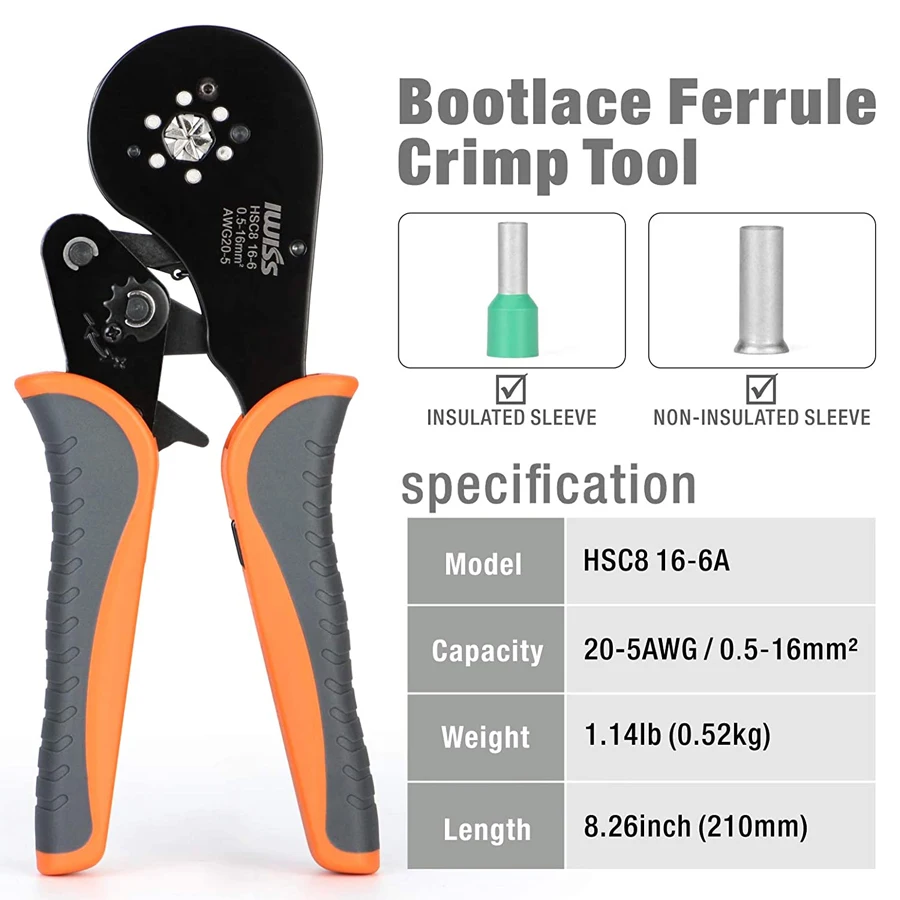 Ferrule Crimping Tool Ratcheting Self-adjustable crimping pliers  HSC8 16-6  Range Crimp Tool for AWG20-5 End Sleeve Ferrules