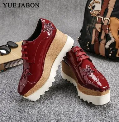 Red Stars Sneakers Height Increasing Shoes Woman Casual Laces up 8cm Platform Sneakers Girls Genuine Leather Ladies Shoes