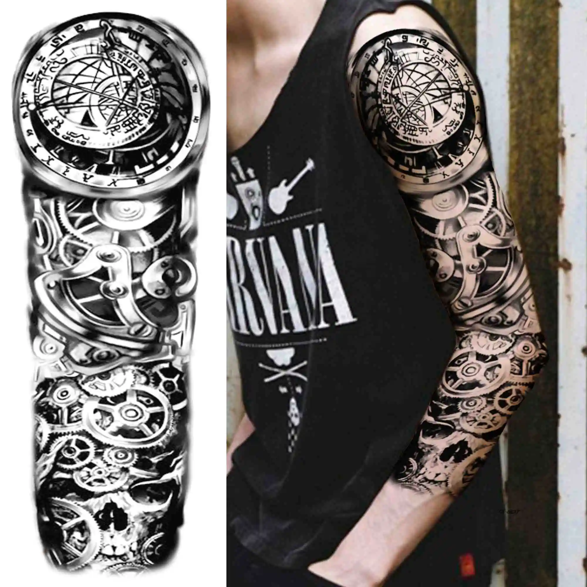 Super Large Compass Temporary Tattoo Sleeve For Men Women Adult Fake Tribal Totem Tattoos Sticker Black Lion Tatoos Full Arm