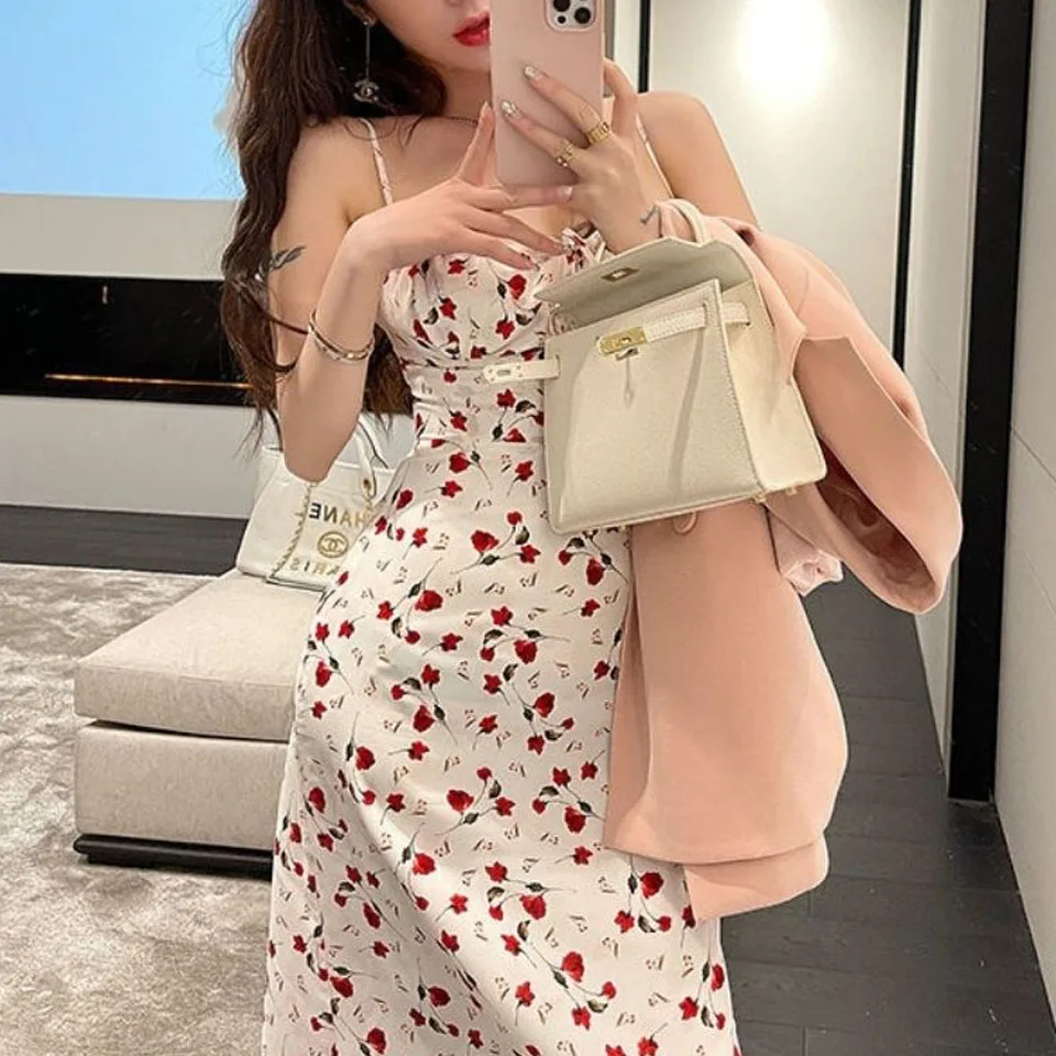 

Elegant Vintage Dress Women Sleeveless Floral Printed Dress Beach Kawaii One Piece Dress Korean Bandage Sesign 2021 Summer Chic