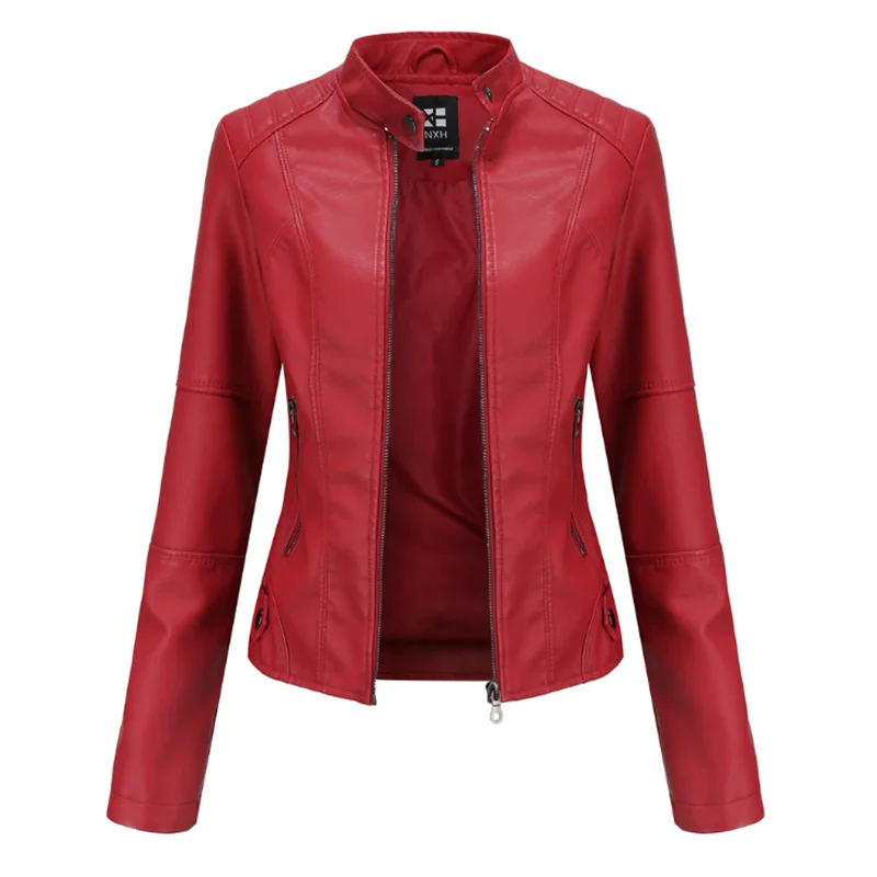 Chaqueta ajustada de cuero para mujer, chaqueta de PU fina, ropa de motocicleta para mujer, talla grande, cuello alto, Primavera, nuevo