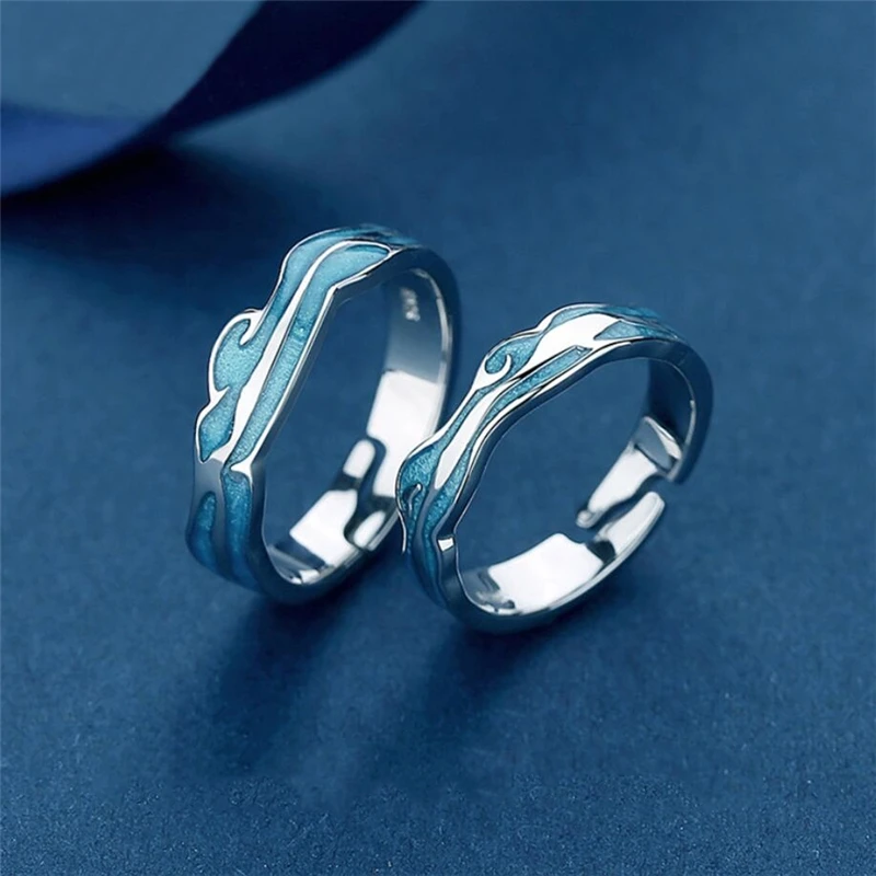 Sole Memory Blue Drop Glaze Wave Couple Ring Sweet Romantic Silver Color Resizable Opening Ring For Women Luxury Jewelry SRI454