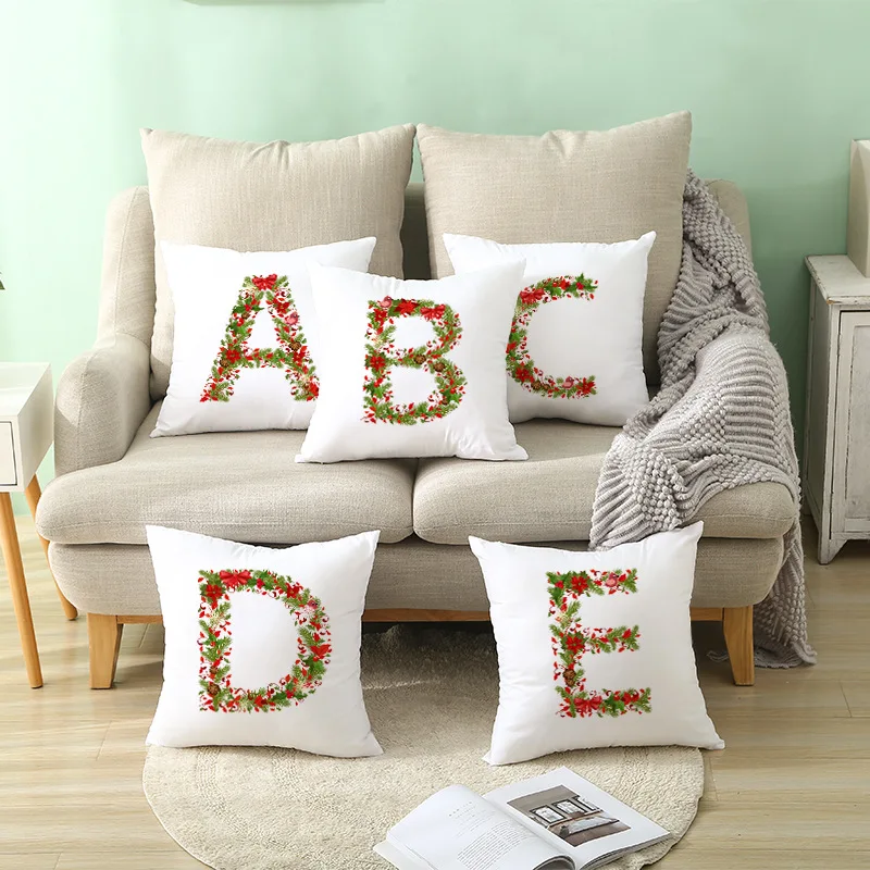 New Creative English Alphabet Floral Pillow Cover Flowers Green Leaves Print Sofa Cushion Cover Nordic Simple White Throw Pillow