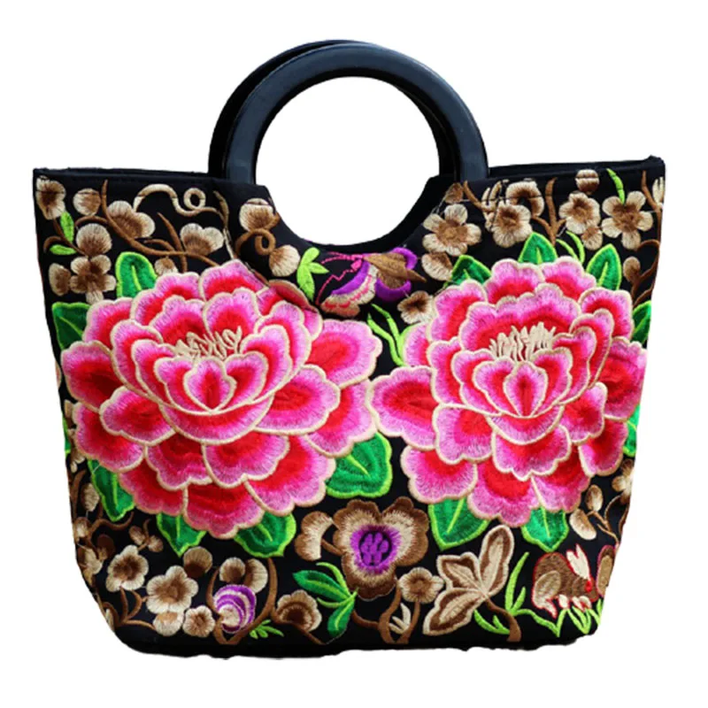 Women Circle Top-handle Dress Handbags Chinese Ethnic Embroidery Colorful Floral Patterns Linen Cloth Wristlet Street Tote Bag