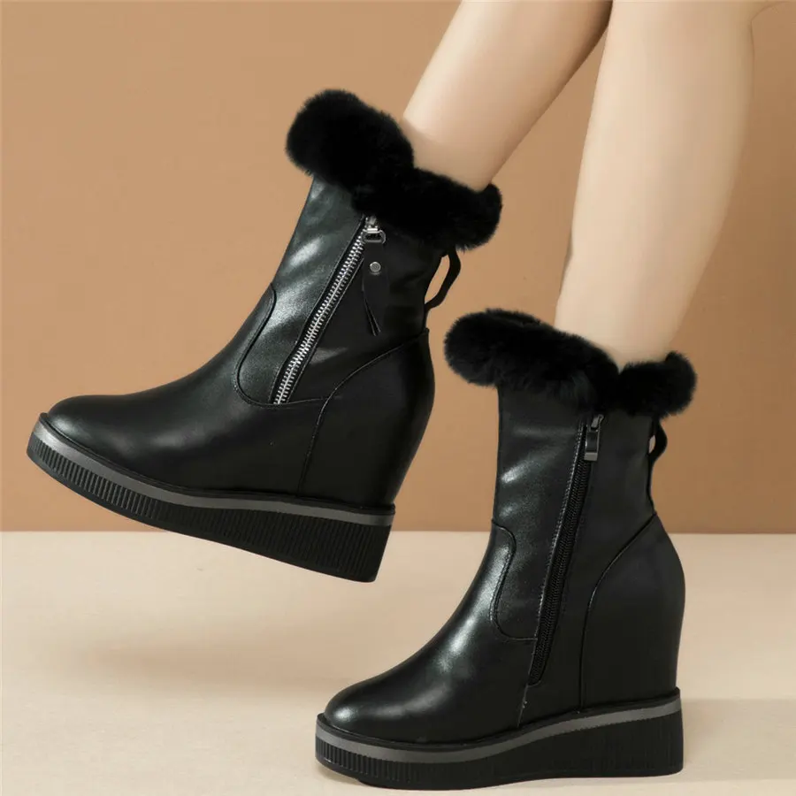 Women Genuine Leather Wedges High Heel Pumps Shoes Female Winter Warm Rabbit Fur Fashion Sneakers High Top Punk Goth Snow Boots