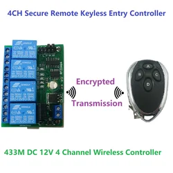 433M 4 Key HCS301 Rolling Code Keyfob & DC 12V 4CH RKE Secure Remote Keyless Entry System Remote Controller