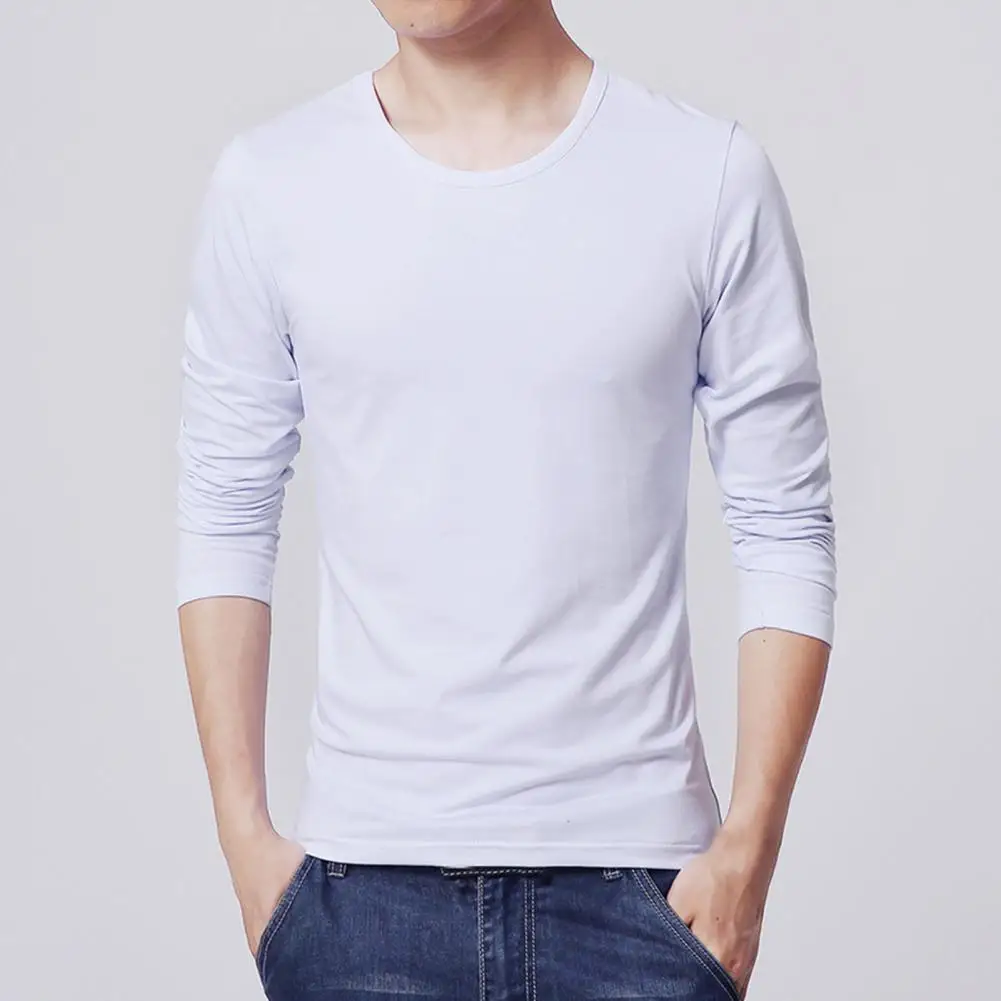 2021 Men's T shirt Top Solid Color Round Neck Casual Long Sleeve Slim All Match Base Shirt for Work