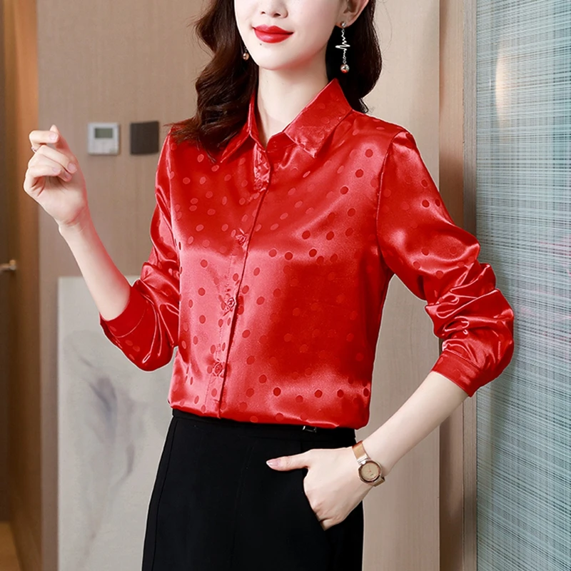 Polka Dot Satin Silk Blouse Women\'s Shirt Elegant Office Ladies Work Shirt Spring Autumn Long Sleeve Silk Tops Female Clothes