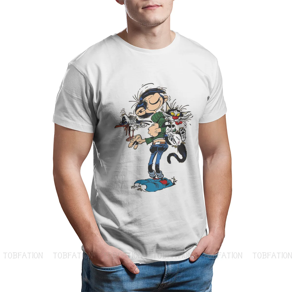 Gaston Lagaffe Comics 100% Cotton TShirts The Twins of Gambler Personalize Homme T Shirt Funny Clothing Size S-6XL