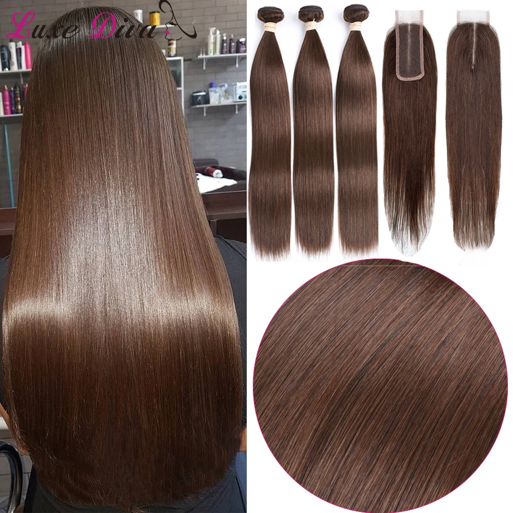 LUXEDIVA Bundel Lurus Rambut Manusia dengan 2X4 Penutupan Renda Ekstensi Rambut Manusia Brasil 99J #2 #4 Coklat Muda untuk WANITA HITAM