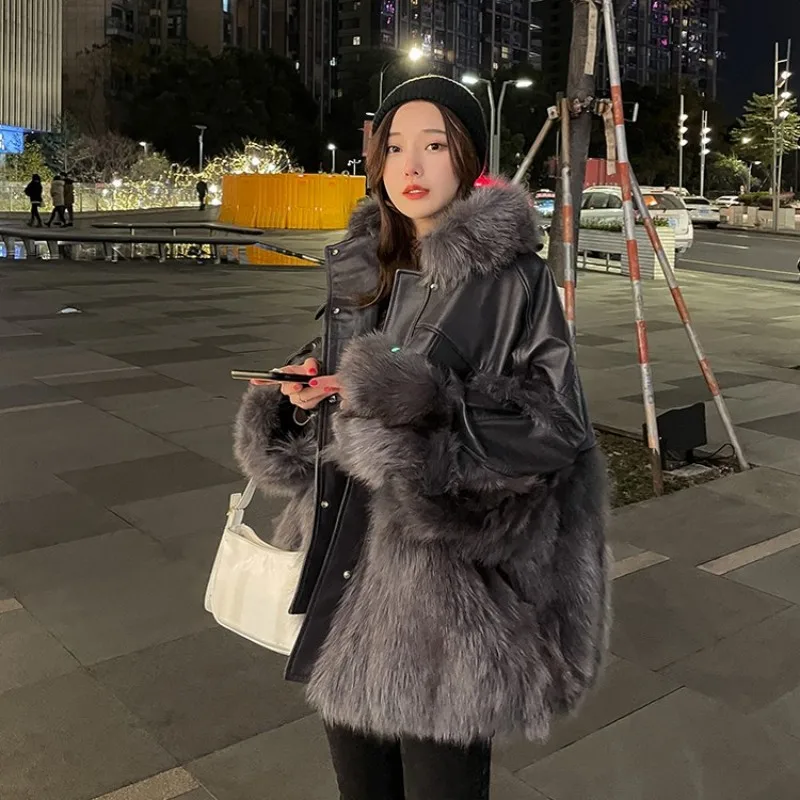 Fashion Women Winter New Fox Real Fur Jacket Oversized Loose Fit Patchwork Sheepskin Genuine Leather Coat High Street Overcoat