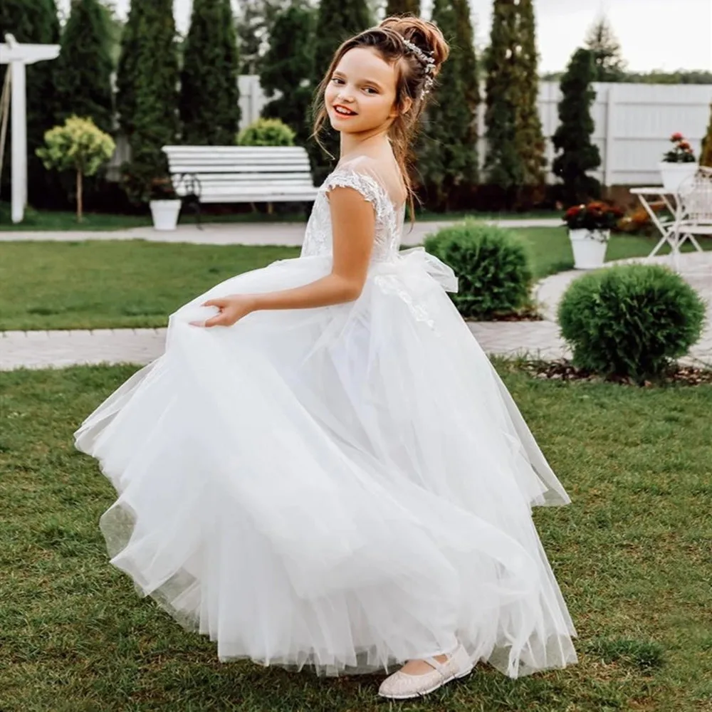 

Ivory White Lace Flower Girl Dresses Sheer Neck Tulle Kids Birthday Pageant Gowns A-Line First Communion Dress