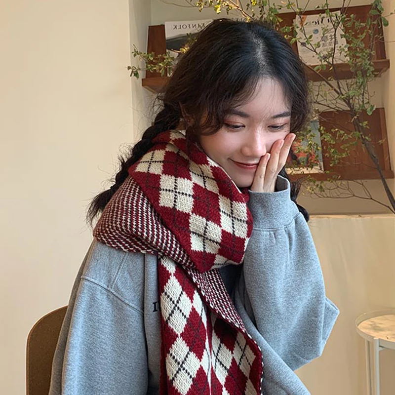 Wool Knitted Scarf Retro Plaid Scarf Women's Winter Scarf Vintage Rhombic Scarf Thick Foulard Shawl for Female image 4