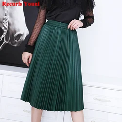 RYS0306 Fashion Ropa Women Genuine Leather Pleated Skirt Female Elastic Waist Over Knee Green/Yellow Long Saias Rust Vetement