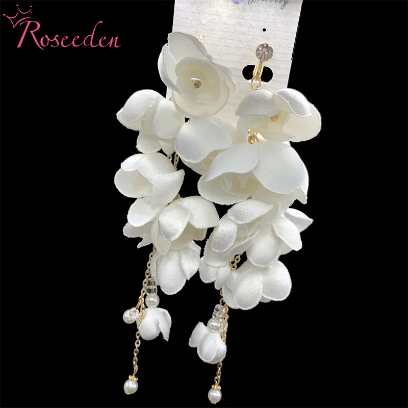 Handmade White Flower Bridal Earrings Wedding Jewelry Gold Color Women Drop Earring RE4410