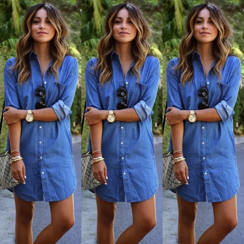 

Women Denim Jeans Dress Button Summer Long Sleeve Casual Tops Mini Shirt Dress Bikini Cover Up Beachwear