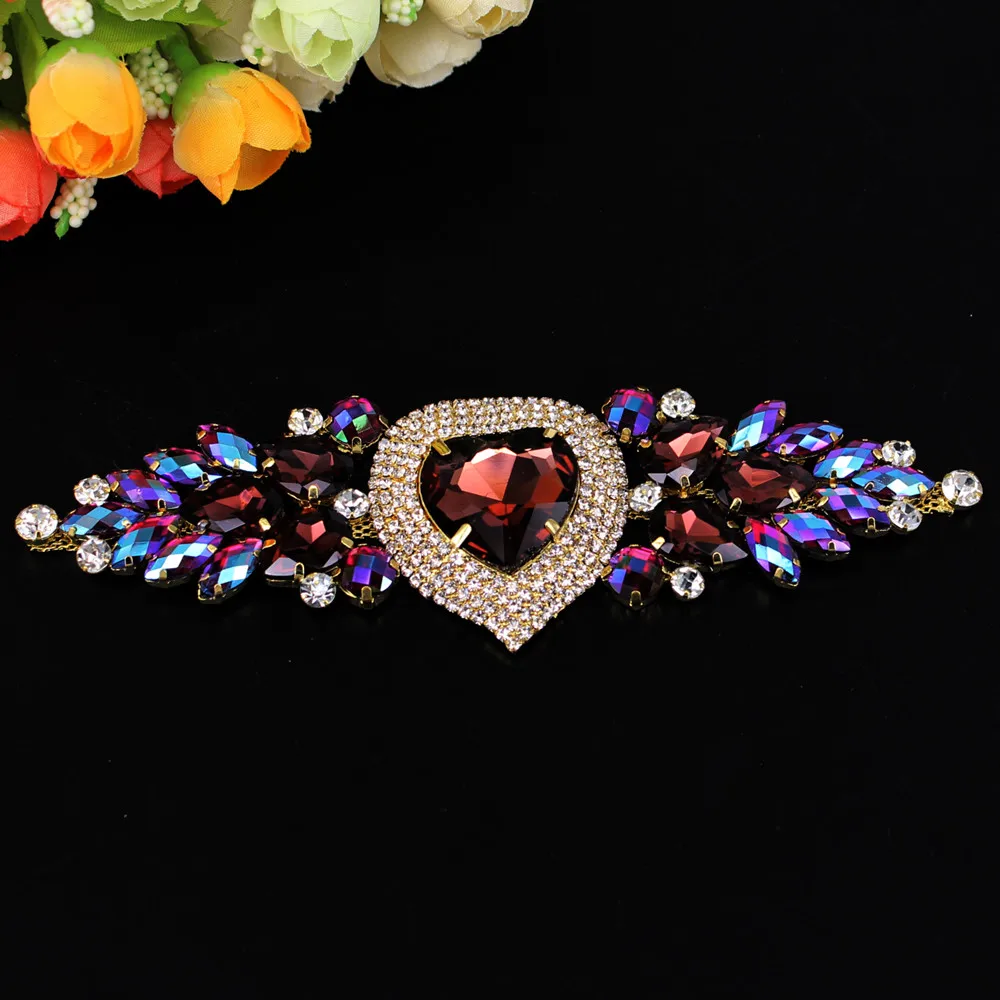 1 pcs 17x5CM Heart Shape Sewing On Rhinestones applique for Wedding Evening Dress Gold Crystal DIY Sewing decoration Crafts