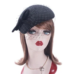 Lawliet Teardrop Luxe Black Velvet Beret Womens Vintage Look Wool Felt Fascinator Knot Net Veil Tam Casque Cocktail Hat T497